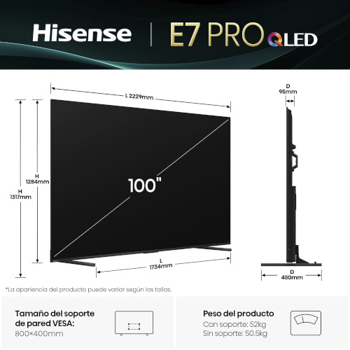Televisor QLED 100" 4K Hisense 100E7QPRO Smart TV Quantum Dot 144HZ Clase E - foto 3