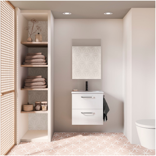 Mueble de Baño 50cm Hone Lavabo y Espejo 2 Cajones Acabado en Blanco Brillo