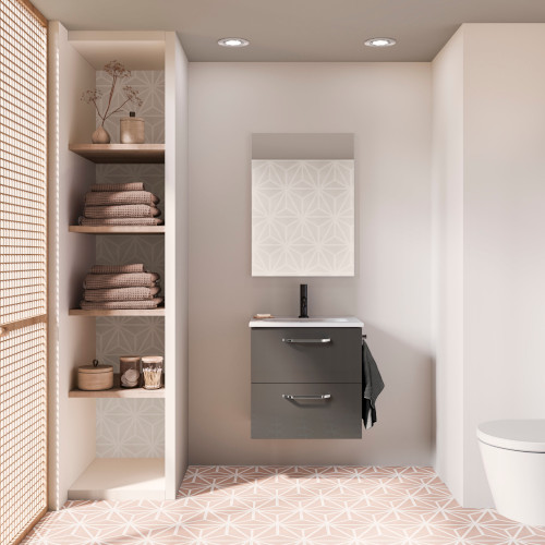 Mueble de Baño 50cm Hone Lavabo y Espejo 2 Cajones Acabado en Antracita Brillo