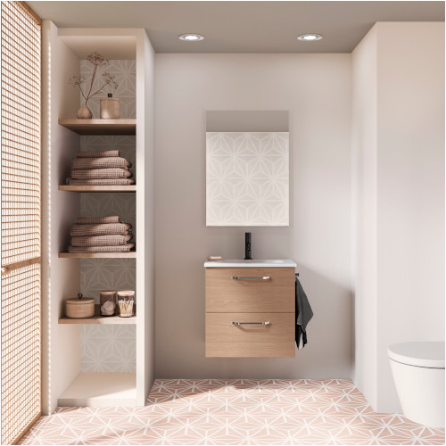 Mueble de Baño 50cm Hone Lavabo y Espejo 2 Cajones Acabado en Nogal Arenado
