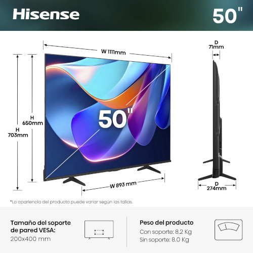 Televisor LED 50" 4K Hisense 50A6S Smart TV Clase E - foto 2