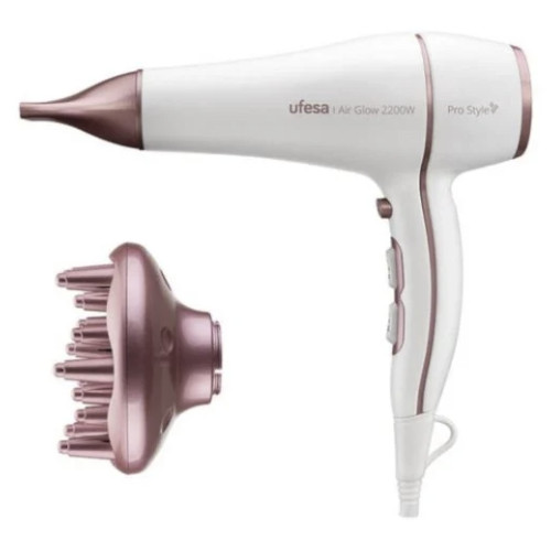 Secador Pelo 2200W Ufesa Air Glow Motor AC Blanco Rosa