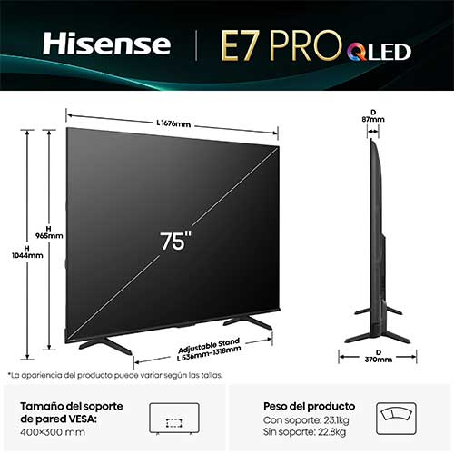 Televisor QLED 75" 4K Hisense 75E7QPRO Smart TV Quantum Dot 144HZ Clase E - foto 2