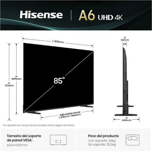 Televisión LED 85" 4K Hisense 85A6Q Vidaa Smart TV Clase E - foto 3