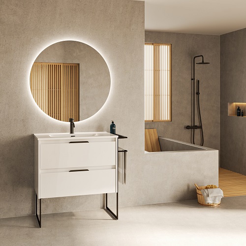 Mueble de baño KEIKO de 80 cms con dos cajones. Acabado en blanco brillo. Incluye lavabo cerámico.