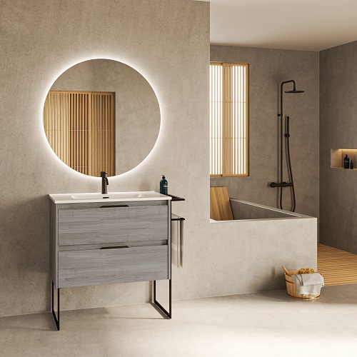 Mueble de baño KEIKO de 80 cms con dos cajones. Acabado en gris Arenado. Incluye lavabo cerámico.