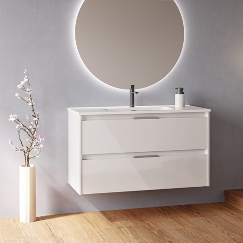 Mueble de baño SUKI de 100 cm con dos cajones. Acabado en Blanco Brillo. | Incluye lavabo cerámico.