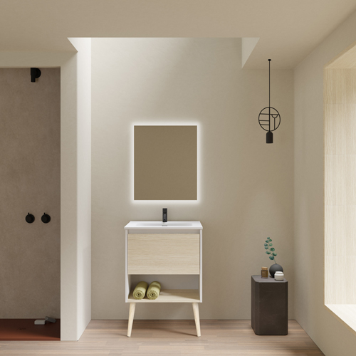 Mueble de baño NARA de 60 cm con 1 cajón y 1 hueco. Acabado en Blanco Mate/Roble Arenado. Incluye lavabo cerámico integrado.
