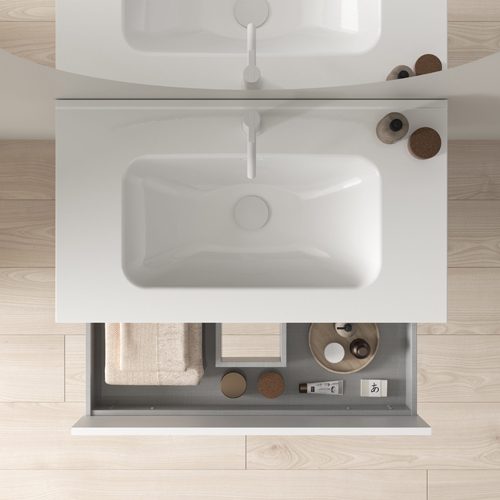 Mueble de baño NARA de 80 cms con 1 cajón y 1 hueco. Acabado en Blanco Mate/ Roble Arenado. Incluye lavabo cerámico integrado. - foto 2