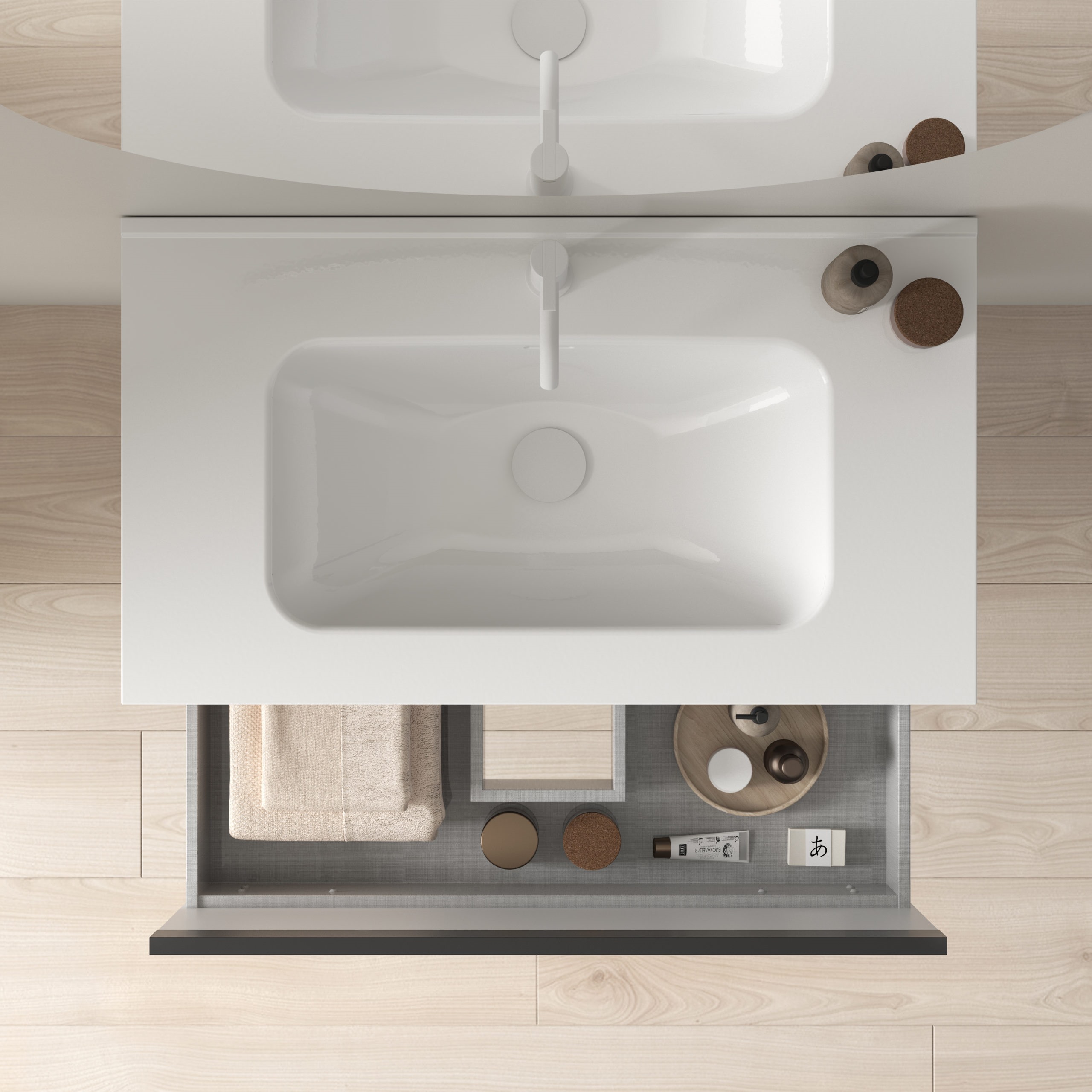 Mueble de baño YOKO de 60 cm con 1 cajón y 1 hueco. Acabado en Roble Arenado. Incluye lavabo cerámico integrado. - foto 2