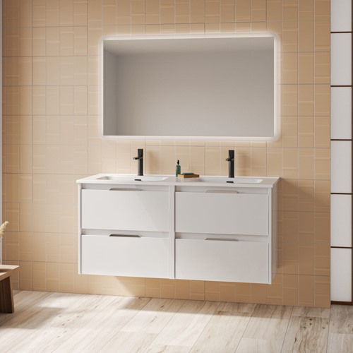 Mueble de baño SUKI de 120 cm con cuatro cajones. Acabado en Blanco Brillo. | Incluye lavabo cerámico.