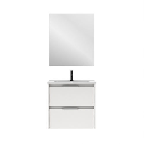 Mueble de baño SUKI de 60 cm con dos cajones + Espejo KAWA. Acabado en Blanco Brillo. | Incluye lavabo cerámico - foto 2
