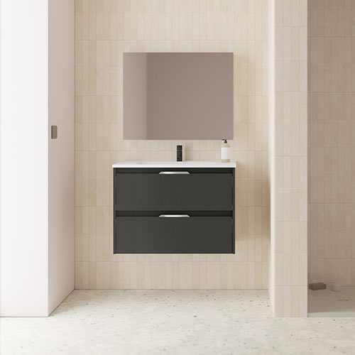 Mueble de baño SUKI de 60 cm con dos cajones  + Espejo KAWA. Acabado en Antracita Brillo. | Incluye lavabo cerámico