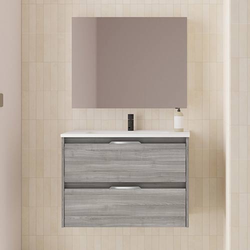 Mueble de baño SUKI de 60 cm con dos cajones  + Espejo KAWA. Acabado en Gris Arenado. | Incluye lavabo cerámico