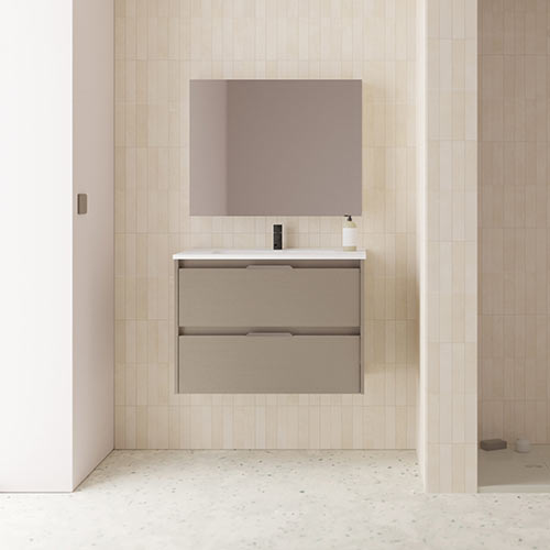 Mueble de baño SUKI de 60 cm con dos cajones + Espejo KAWA. Acabado en Fumé Arenado. | Incluye lavabo cerámico