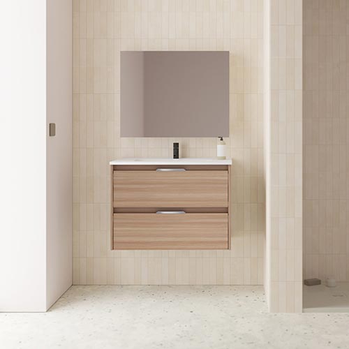 Mueble de baño SUKI de 60 cm con dos cajones  + Espejo KAWA. Acabado en Gris Arenado. | Incluye lavabo cerámico