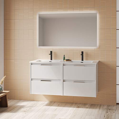 Mueble de baño SUKI de 120 cm con cuatro cajones + Espejo KAWA. Acabado en Blanco Brillo. | Incluye lavabo cerámico
