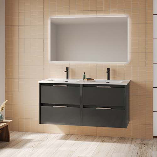 Mueble de baño SUKI de 120 cm con cuatro cajones + espejo KAWA Acabado en Antracita Brillo. | Incluye lavabo cerámico.