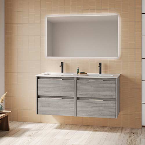 Mueble de baño SUKI de 120 cm con cuatro cajones + espejo KAWA Acabado en Gris Arenado. | Incluye lavabo cerámico.