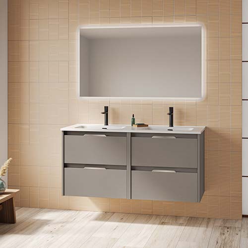 Mueble de baño SUKI de 120 cm con cuatro cajones + Espejo KAWA. Acabado en Fumé Arenado. | Incluye lavabo cerámico