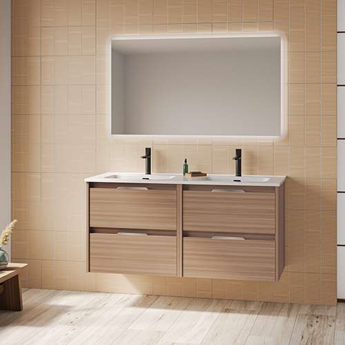Mueble de baño SUKI de 120 cm con cuatro cajones + espejo KAWA Acabado en Nogal Arenado. | Incluye lavabo cerámico.