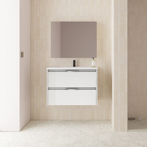 Mueble de baño SUKI de 80 cm con dos cajones + Espejo KAWA. Acabado en Blanco Brillo. | Incluye lavabo cerámico