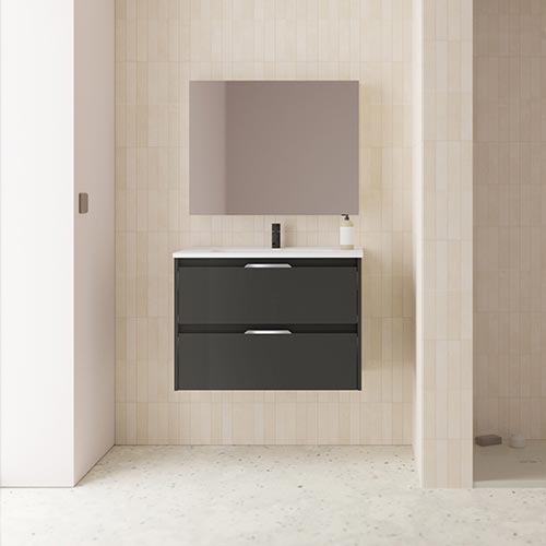 Mueble de baño SUKI de 80 cm con dos cajones  + Espejo KAWA. Acabado en Antracita Brillo. | Incluye lavabo cerámico