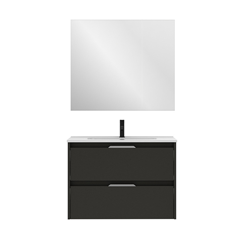 Mueble de baño SUKI de 80 cm con dos cajones + Espejo KAWA. Acabado en Antracita Brillo. | Incluye lavabo cerámico - foto 2
