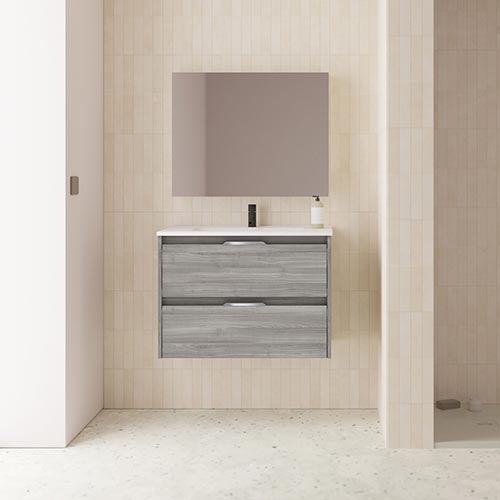 Mueble de baño SUKI de 80 cm con dos cajones + Espejo KAWA. Acabado en Gris Arenado. | Incluye lavabo cerámico
