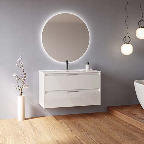 Mueble de baño SUKI de 100 cm con dos cajones + espejo KAWA. Acabado en Blanco Brillo. | Incluye lavabo cerámico.
