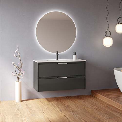 Mueble de baño SUKI de 100 cm con dos cajones + espejo KAWA. Acabado en Antracita Brillo. | Incluye lavabo cerámico.