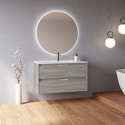 Mueble de baño SUKI de 100 cm con dos cajones + espejo KAWA. Acabado en Gris Arenado. | Incluye lavabo cerámico.