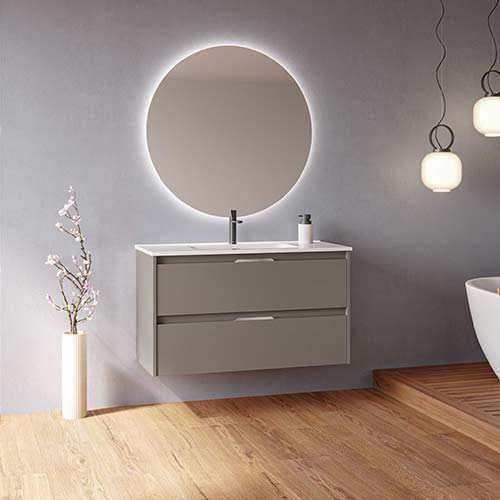 Mueble de baño SUKI de 100 cm con dos cajones + espejo KAWA. Acabado en Fumé Arenado. | Incluye lavabo cerámico.
