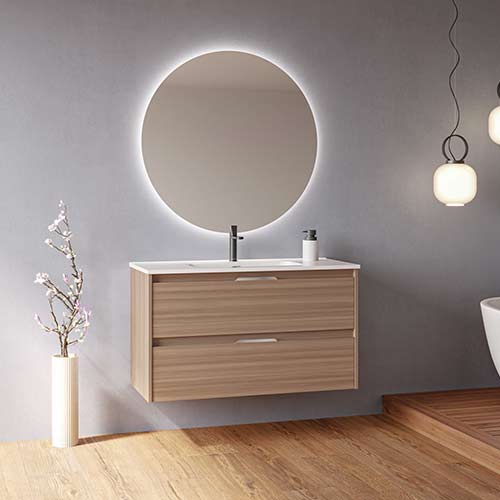 Mueble de baño SUKI de 100 cm con dos cajones + espejo KAWA. Acabado en Nogal Arenado. | Incluye lavabo cerámico