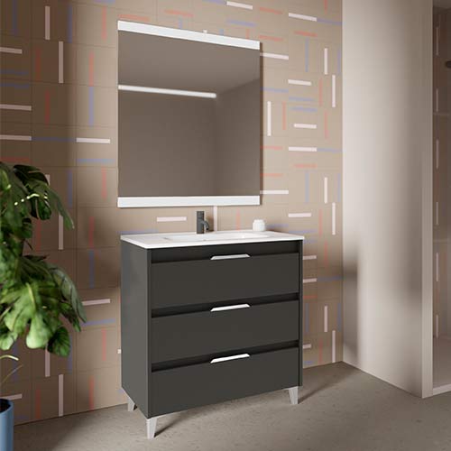 Mueble de baño SUKI de 80 cm con tres cajones + Espejo KAWA. Acabado en Antracita Brillo. | Incluye lavabo cerámico