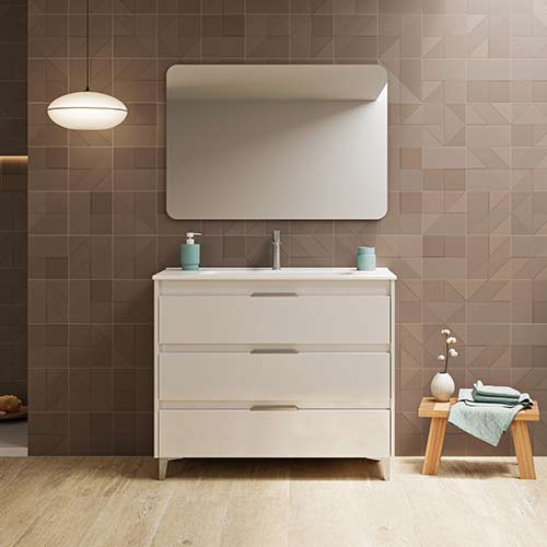 Mueble de baño SUKI de 100 cm con tres cajones + espejo KAWA. Acabado en Blanco Brillo. | Incluye lavabo cerámico.