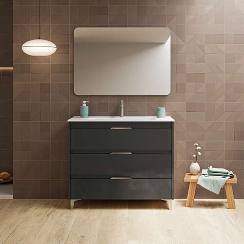 Mueble de baño SUKI de 100 cm con tres cajones + espejo KAWA. Acabado en Antracita Brillo. | Incluye lavabo cerámico.