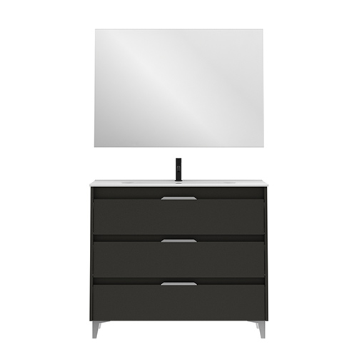 Mueble de baño SUKI de 100 cm con tres cajones + espejo KAWA. Acabado en Antracita Brillo. | Incluye lavabo cerámico. - foto 2