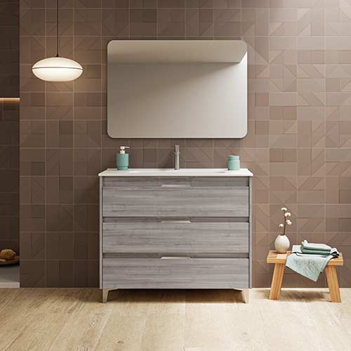 Mueble de baño SUKI de 100 cm con tres cajones + espejo KAWA. Acabado en Gris Arenado. | Incluye lavabo cerámico.