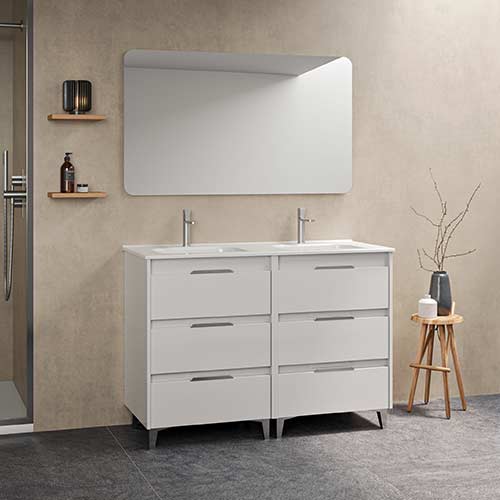 Mueble de baño SUKI de 120 cm con seis cajones + espejo KAWA Acabado en Blanco Brillo. | Incluye lavabo cerámico.