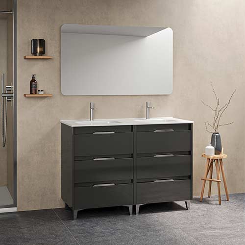 Mueble de baño SUKI de 120 cm con seis cajones + espejo KAWA Acabado en Antracita Brillo. | Incluye lavabo cerámico.
