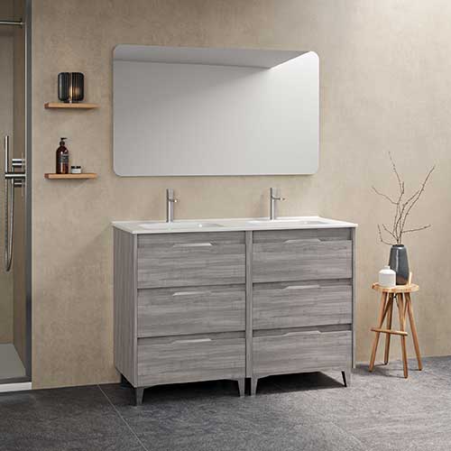 Mueble de baño SUKI de 120 cm con seis cajones + espejo KAWA Acabado en Gris Arenado. | Incluye lavabo cerámico.