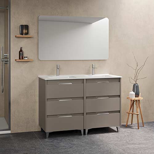 Mueble de baño SUKI de 120 cm con seis cajones + espejo KAWA Acabado en Fumé Arenado. | Incluye lavabo cerámico.