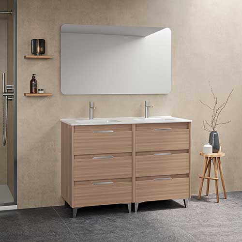 Mueble de baño SUKI de 120 cm con seis cajones + espejo KAWA Acabado en Nogal Arenado. | Incluye lavabo cerámico.