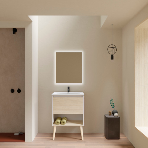 Mueble de Baño 60cm NARA Lavabo y Espejo 1 Cajón Acabado en Roble Arenado