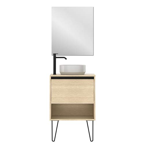 Mueble de baño YOKO TOP de 60 cm con un cajón y 1 hueco + Espejo KAWA. Acabado en Roble Arenado. | Incluye lavabo cerámico