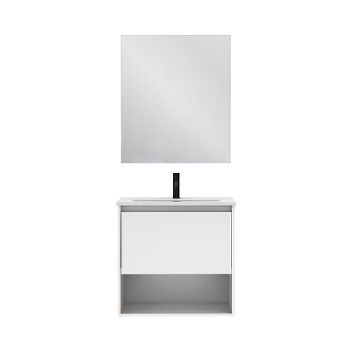 Mueble de baño NIWA de 60 cm con 1 cajón y 1 hueco + espejo KAWA. Acabado Blanco Brillo. Incluye lavabo cerámico integrado. - foto 2