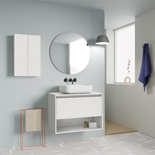 Mueble de baño NIWA TOP de 60 cm con un cajón y un hueco + Espejo KAWA. Acabado en Blanco Brillo. Incluye lavabo cerámico