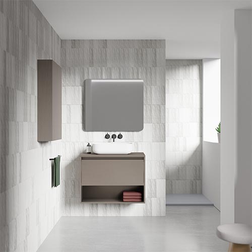 Mueble de baño NIWA TOP de 60 cm con un cajón y un hueco + Espejo KAWA. Acabado en Fumé Arenado. Incluye lavabo cerámico