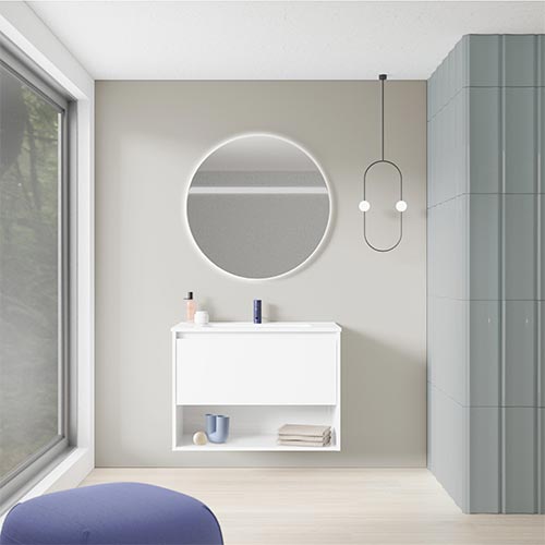 Mueble de baño NIWA de 80 cm con 1 cajón y 1 hueco + espejo KAWA. Acabado Blanco Brillo. Incluye lavabo cerámico integrado